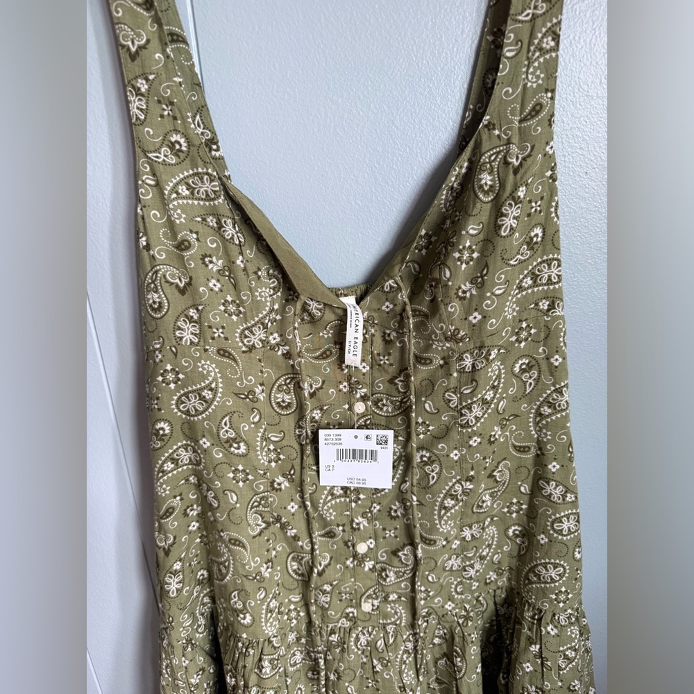 AMERICAN EAGLE GREEN AND WHITE PAISLEY DROP WAIST CORSET MINI DRESS- SMALL - Picture 4 of 5